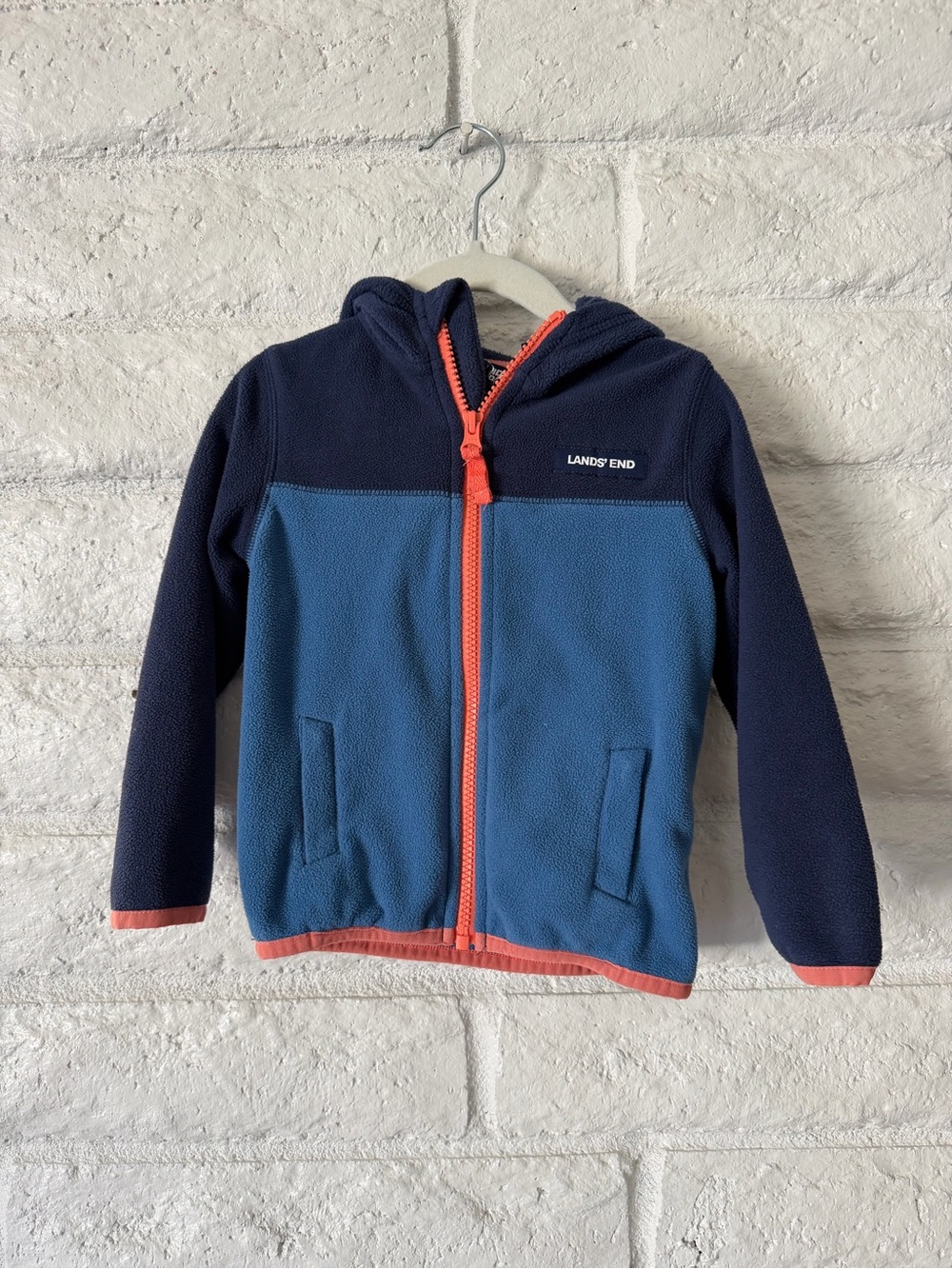 Lands' End Navy and Medium Blue Hooded Fleece with Coral Trim